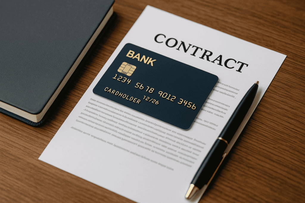 Carte bancaire posée sur un contrat avec un stylo et un carnet.