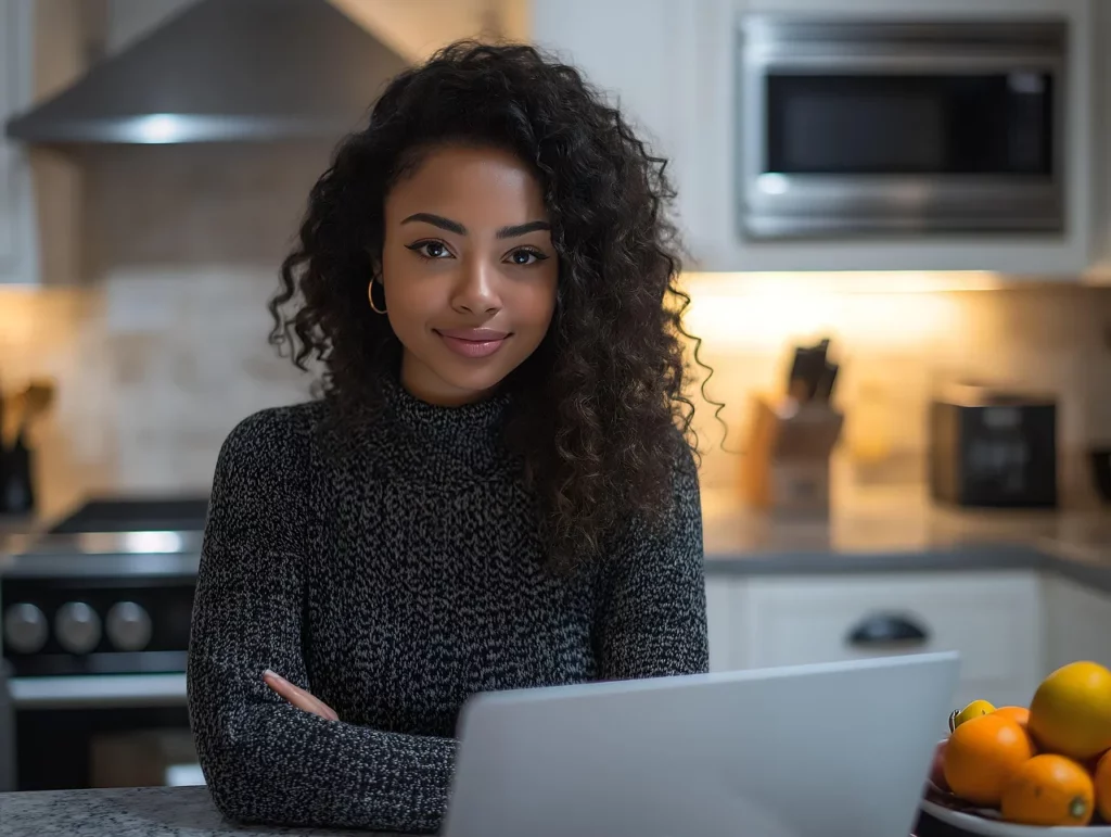 Jeune femme souriante travaillant sur son ordinateur portable dans une cuisine.