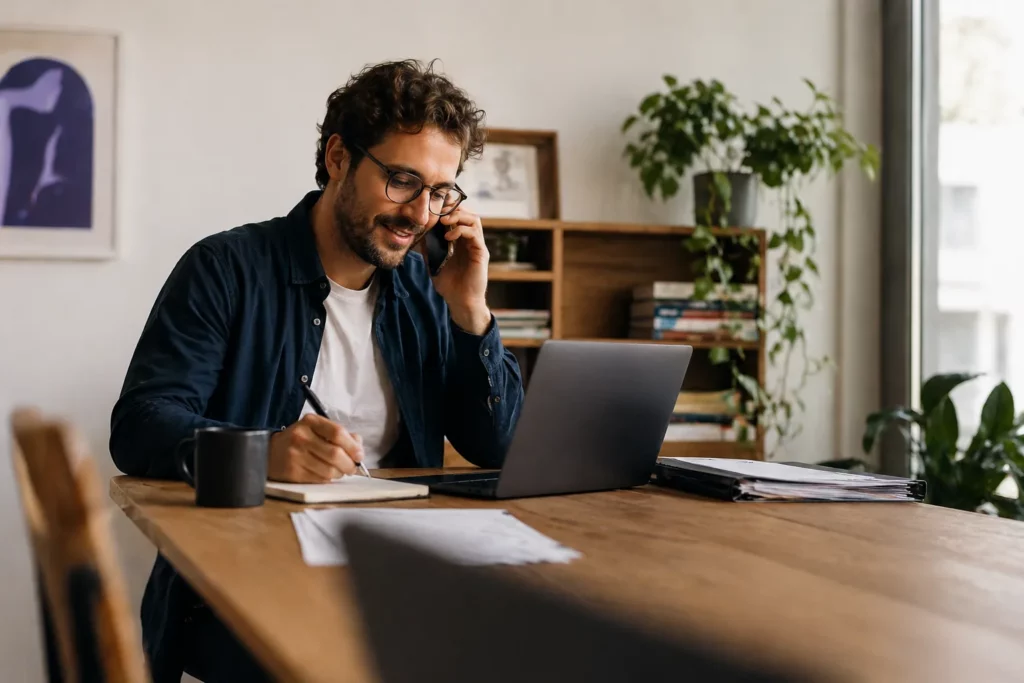 Freelance échangeant avec un nouveau cabinet comptable tout en préparant ses documents administratifs.