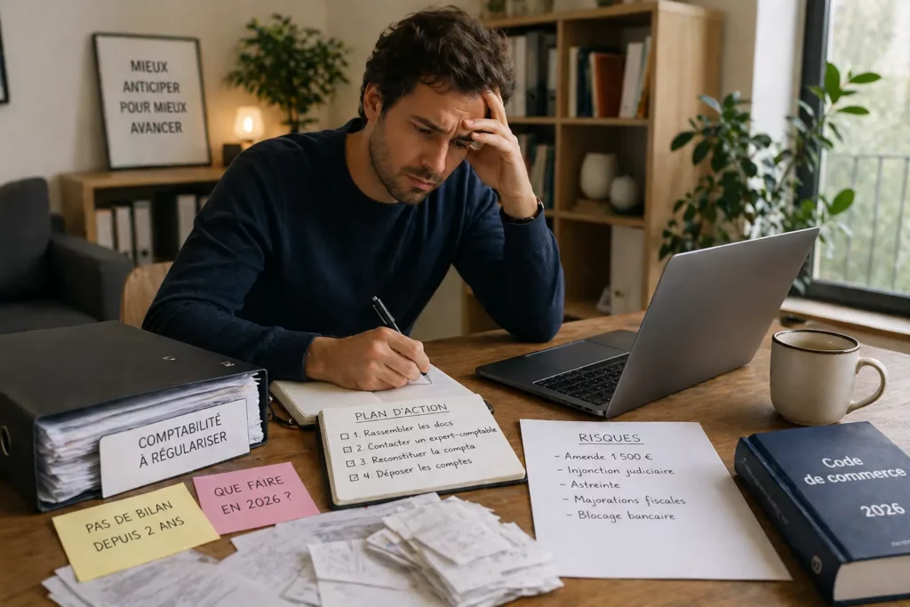 Freelance en retard sur sa comptabilité préparant la régularisation de plusieurs exercices avec documents et justificatifs.