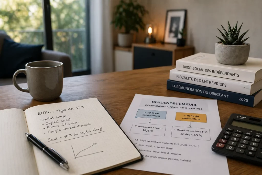 Documents et calculs liés aux dividendes en EURL et à la règle des 10 % du capital social sur un bureau de travail.